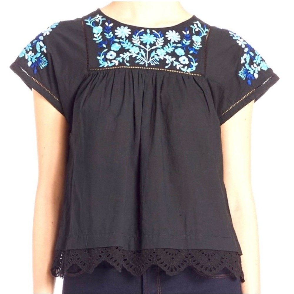 Rebecca Taylor Folk Garden Embroidered Black Peasant Top